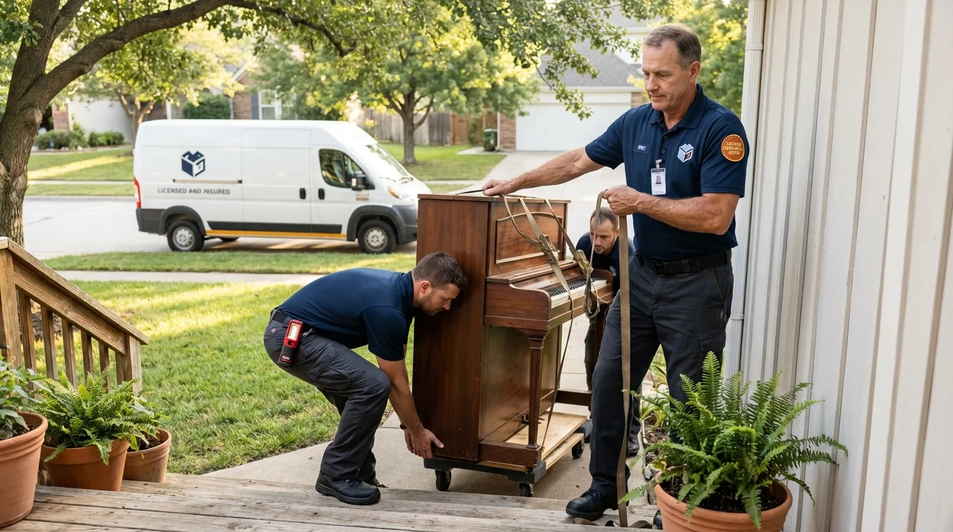 Licensed piano movers securing grand piano in Terry, MT